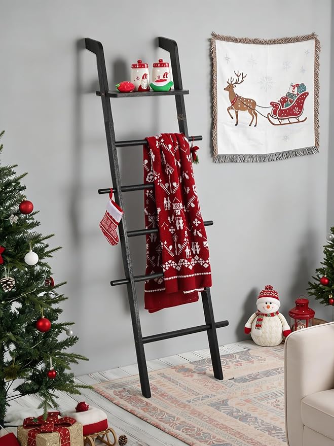 Taozun Black Blanket Ladder with Shelf for Living Room, 67-Inch Wooden 5-Tier Farmhouse Towels and Quilt Rack Decor - Wall Le