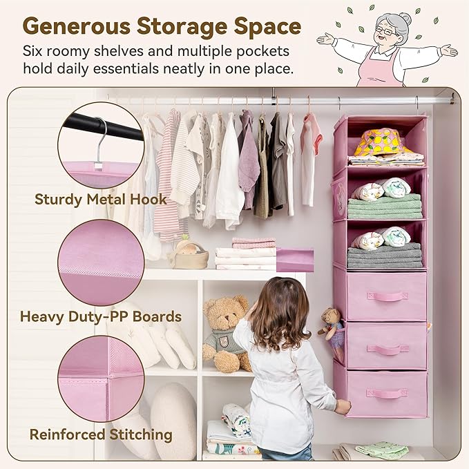 GRANNY SAYS Hanging Closet Organizer 6-Shelf, Separable to 2 Pack 3-Shelf Closet Storage Organizer with 4 Side Pockets, 3 Dif