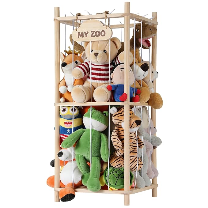 LAMU Stuffed Animal Storage Zoo, Wooden Stuffed Animals Organizer & Holder for Kids with Elastic Cords, Space Saving Plushies