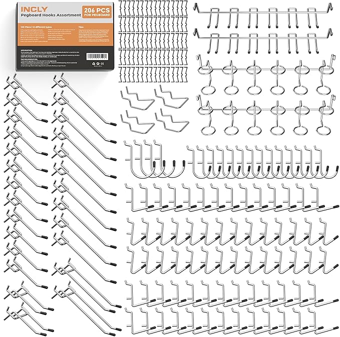 INCLY Pegboard Hooks Set for Hanging Tools, 206PCS Heavy Duty Peg Hook Hanger & Holder Fit 1/4 1/8 Inch Pegboard for Craft As