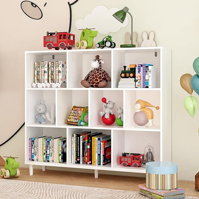 10 Cube Storage Organizer |Wide Bookshelf|3 Shelf Bookcase |Library Bookcase -Cubic Storage Cabinet（Storing Books,Toys & More