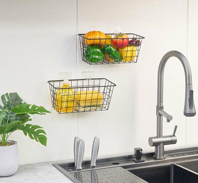 JUNCHU CHERRY 2 Pack Hanging Storage Basket, Bathroom Basket, Household Goods, with Traceless Tape, no Drilling, for Cabinet 