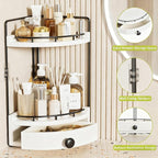 2-Tier Corner Bathroom Counter Organizer with Drawer & Embedded Screw Holes - Wooden Countertop Organizers for Skincare, Make
