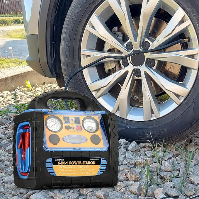 Car Jump Starter with Air Compressor, 1800A Battery Jumper Starter Portable with 260 PSI Tire Inflator, 12V Jump Box