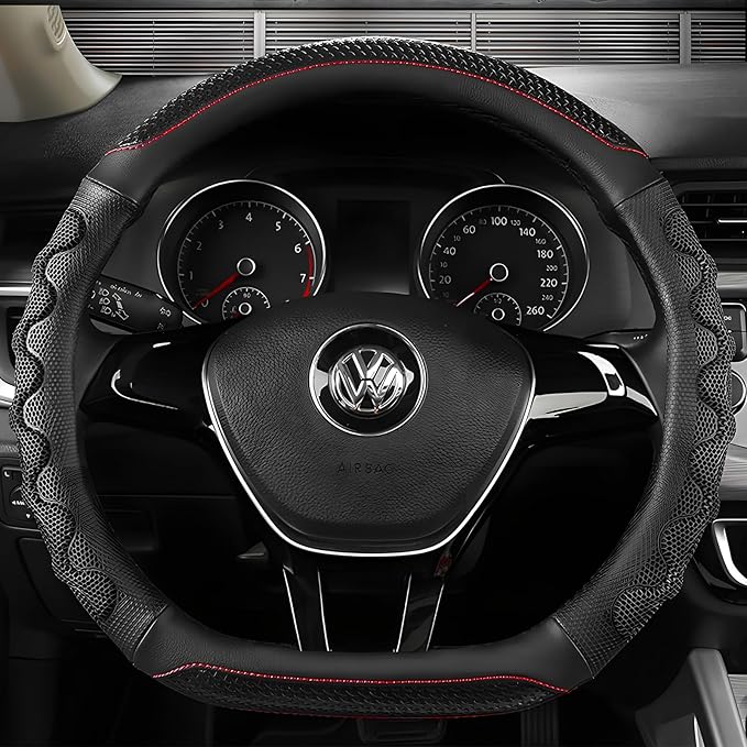 D-Shaped Steering Wheel Cover, Leather Car Wheel Protector with 3D Honeycomb Anti-Slip Design, Universal Breathable Comfy Cov
