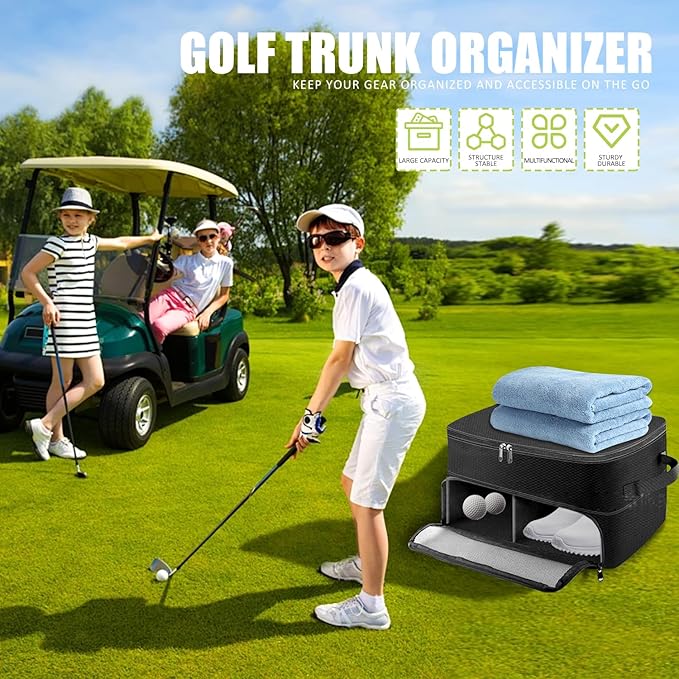Golf Trunk Organizer, 2 Layer Golf Storage Bag, Waterproof Car Golfer Organizers with Ventilation Compartment for 2 Pairs