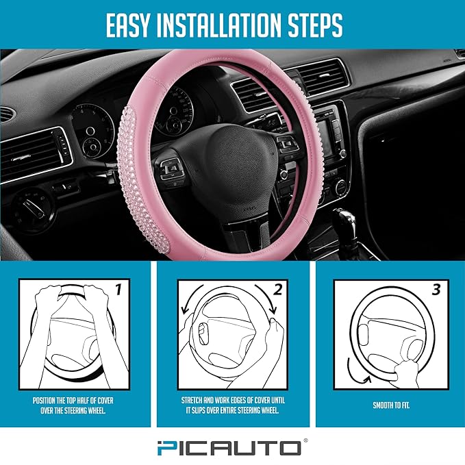PIC AUTO Steering Wheel Cover, Glitter Gel Particles & Pink Luxury Leather Car Steering Cover, Universal Fit 14.5"-15.5" Anti