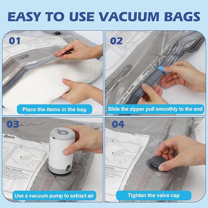 Fantictas Travel Vacuum Storage Bags with Rechargeable Air Pump, 15 Pack Portable Space Saver Bags, Compression Bags for Clot