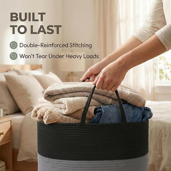 JMvicyroam 65L Extra Large Blanket Basket for Living Room - Woven Cotton Rope Laundry Hamper with Reinforced Handles - Storag