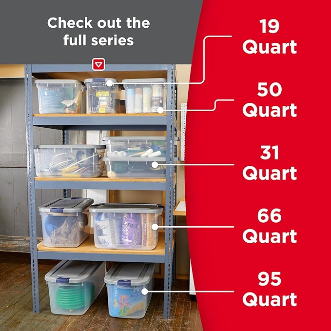Rubbermaid Roughneck Clear 66 Qt/16.5 Gal Storage Containers, Pack of 4 with Latching Grey Lids, Visible Base, Sturdy and Sta