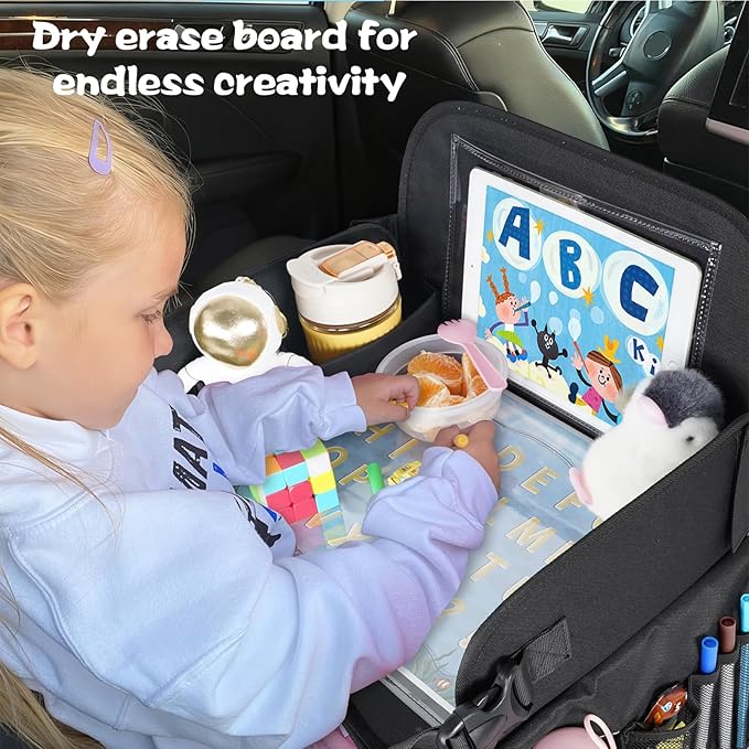 MENZOKE Kids Travel Tray, Road Trip Activities for Kids with Dry Erase Board & Cooler Cup Holder, Toddler Car Activities with