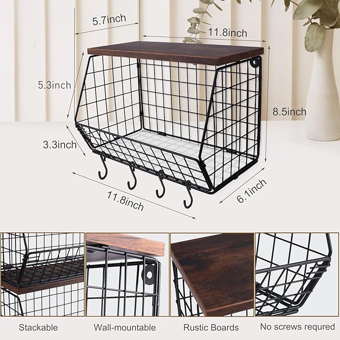 Mefirt Fruit Bowl, Stackable Wall Mounted Fruit Basket of Smooth Wood Lid with 4 Banana Hanger Hooks, Metal Kitchen Counter O