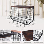 Mefirt Fruit Bowl, Stackable Wall Mounted Fruit Basket of Smooth Wood Lid with 4 Banana Hanger Hooks, Metal Kitchen Counter O