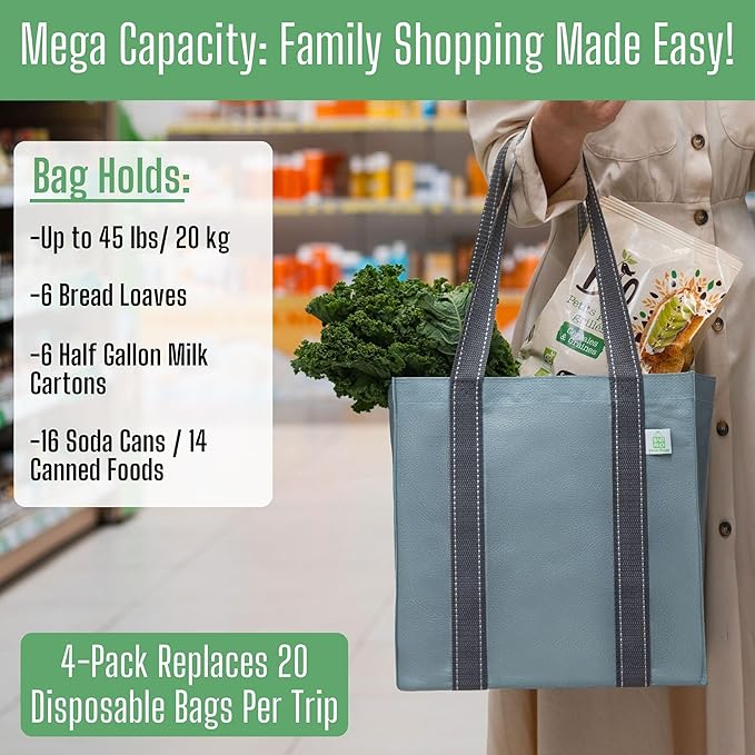 VENO 2-4 Pack Reusable Grocery shopping Bags, Medium Tote Bag w/Handle Hard Bottom, Heavy Duty, Foldable Carrier
