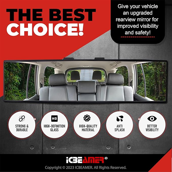 15.8" ICBEAMER Clip On Rear View Mirror | Flat Clear Tint Glass, Panoramic Wide Angle HD Glass, Anti Glare, Universal Fit for Car, SUV, Truck | Eliminates Blind Spots (1 Pack)