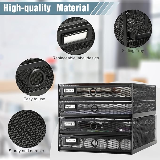 Zhanmai 2 Pack Black Desk Organizer with Drawer Total Wire Mesh Storage Tray Multifunctional Paper Sorter File Stand for Home