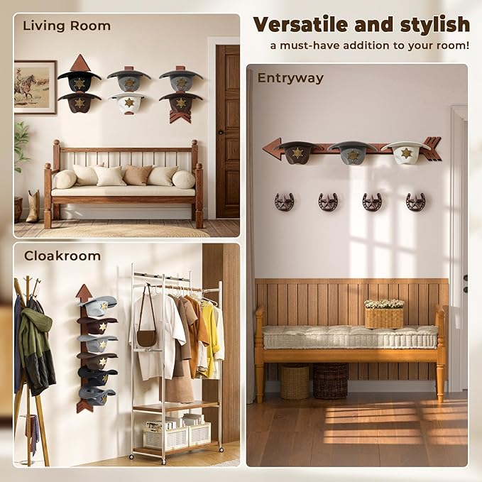 Cowboy Hat Holder for Wall 6 Pieces Arrow Solid Wood with Metal Western Hat Rack Wall Decor Hat Organizer Hanger Storage for 