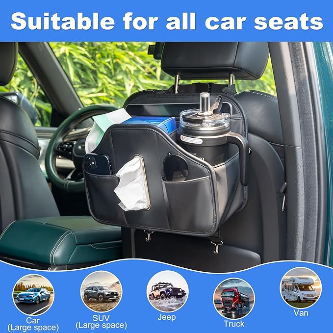 Upgraded Car Seat Back Organizer With Extra Large Tissue Holder Fits For Kleenex Tissue Box (50-230ct), PU Leather Headrest Seat Back Storage Accessories (Black-2 Packs)