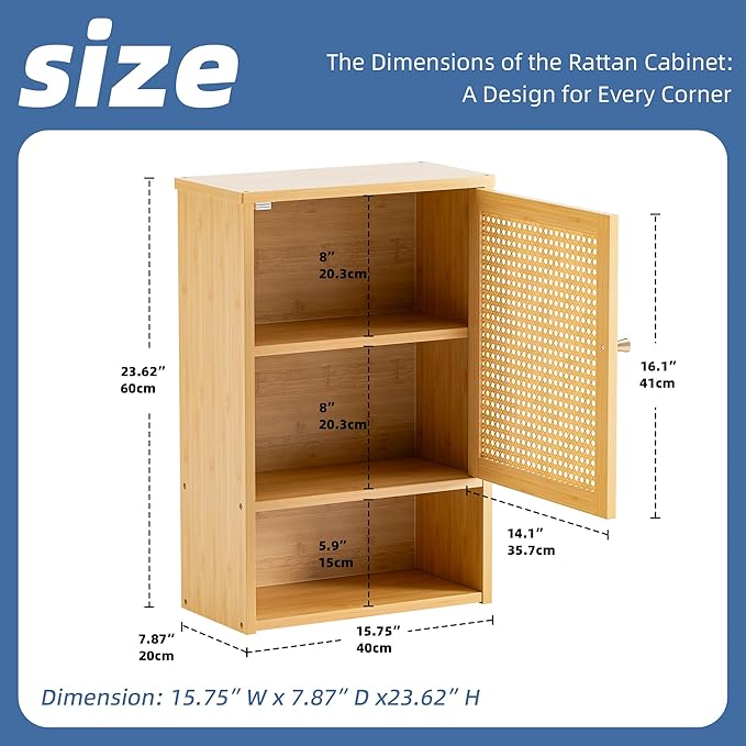 HITNET Bathroom Wall Cabinet, Rattan Medicine Cabinet, Bamboo Hanging Storage Organizer Over The Toilet with Adjustable Shelf