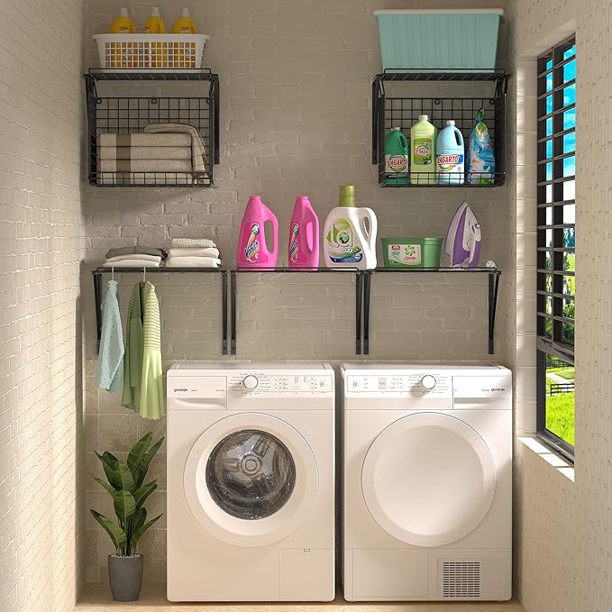 3IngSeagulls 2 Pack Laundry Room Shelves, Wire Baskets with 8 Hooks, Over Washer and Dryer Shelf, Wall Mounted Storage and Cl