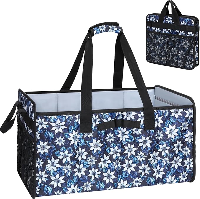Muzale Extra Large Utility Tote Bag with Wire Frame Heavy Duty Grocery Bags Reusable Shopping Bags for Groceries with Handles Foldable XL Beach Bag for Travel Picnics Camping Car Trunk Organization