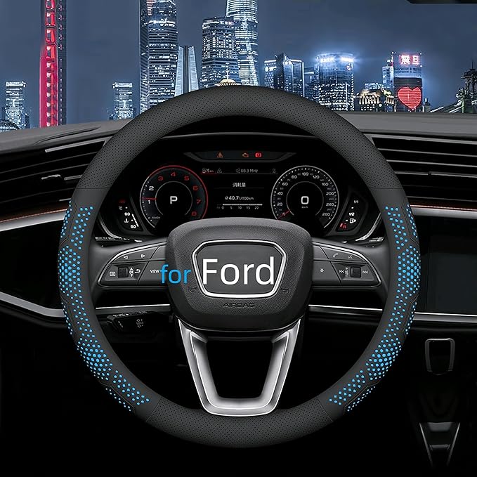 Leather Steering Wheel Cover for Ford F150 F250 F350, 15.5-16 inches Car Steering Wheel Cover with Non-Slip Breathable (Blue)