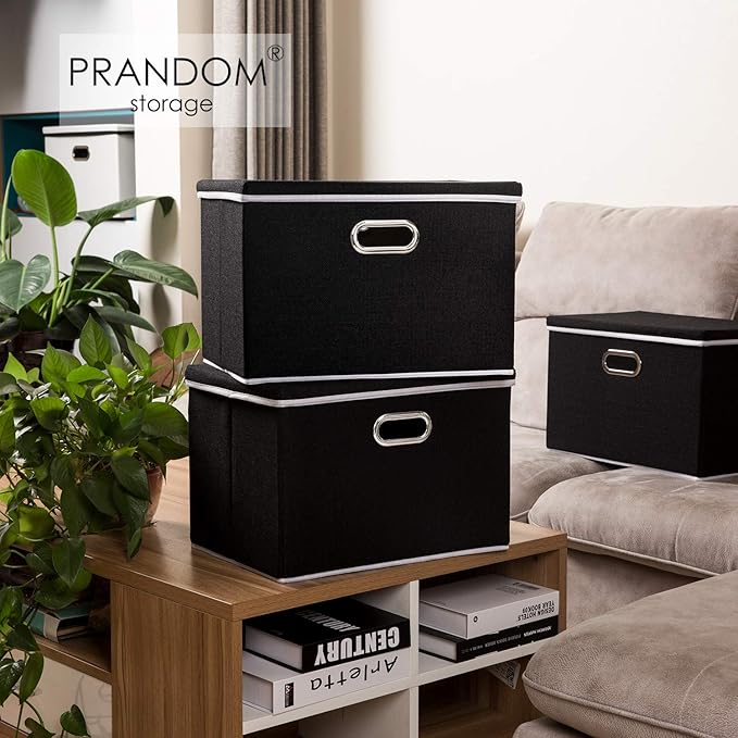 PRANDOM Extra Large Collapsible Storage Bins with Lids [3-Pack] Linen Fabric Foldable Storage Baskets Boxes Organizer Contain