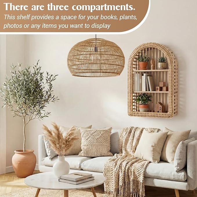 Pinkunn 20'' x 12'' 3 Tier Rattan Wall Shelf Boho Arch Hanging Shelves Arched Wall Mounted Wicker Shelf Decorative Farmhouse 