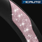 PIC AUTO Steering Wheel Cover, Pink Sparkly Crystal Bling Glitter with Leather, Universal Fit 14.5"-15.5" Car Steering Wheels