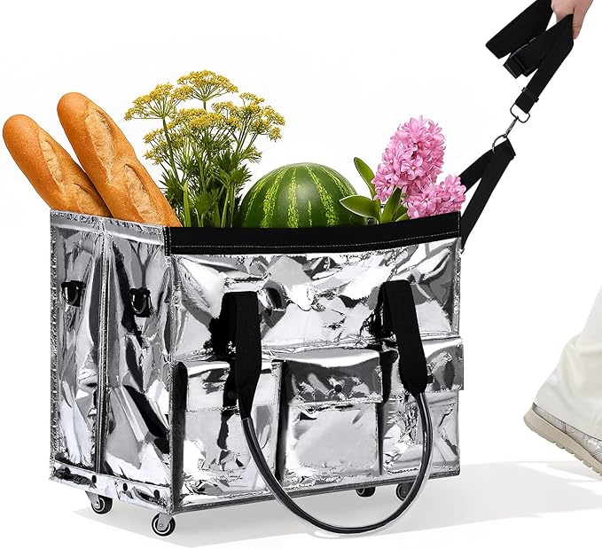 tobyto Reusable Grocery Bag on Wheels, 105L Foldable Rolling Tote, Shopping Trolley 66LBS Capacity - Water-Resistant for Laun