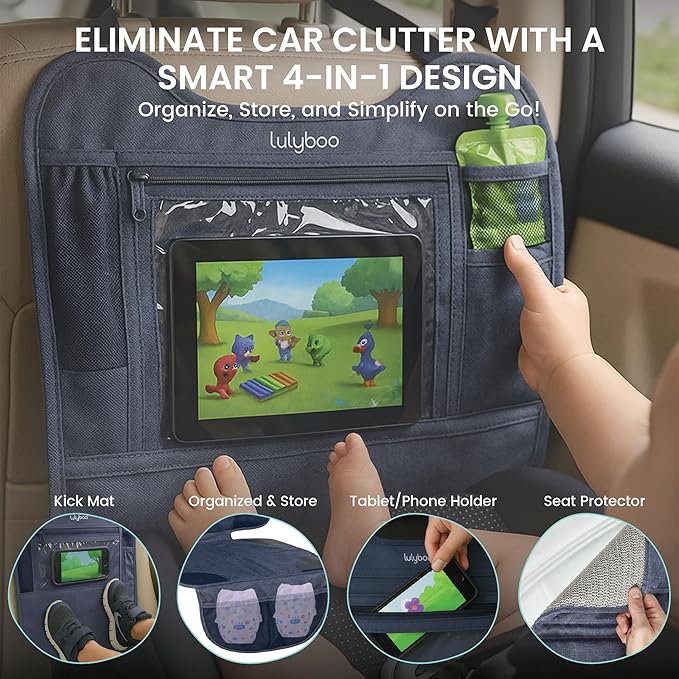 Lulyboo Car Seat Protector & Organizer for Baby - Denim Kick Mat with Extra Storage, Built-in Tablet Holder, Back & Front Facing Shield, Compatible with All Vehicles, Leakproof & Easy to Install
