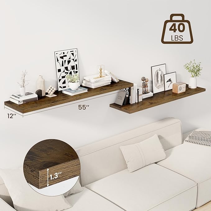 Dreamland 55" Floating Shelves for Wall, 12" Deep Slim Rustic Brown Floating Shelves, Wall-Mounted Shelves for Bedroom, Livin