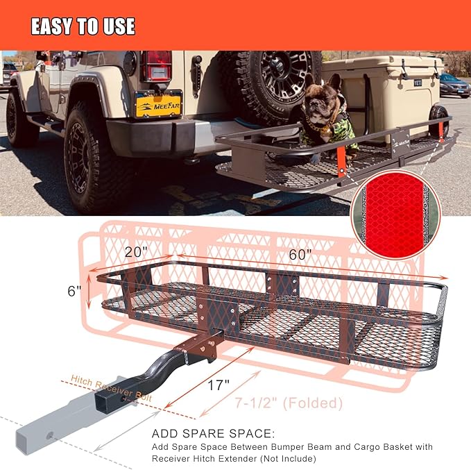 Hitch Mount Cargo Carrier Basket 60"*20"*6"+Waterproof Bag 16 Cubic Feet(58"*19"*24"),and Cargo Net with Attachment Hooks,Ratchet Straps,Hitch Stabilizer.500 Lbs Capacity,foldable,fit 2" Receiver