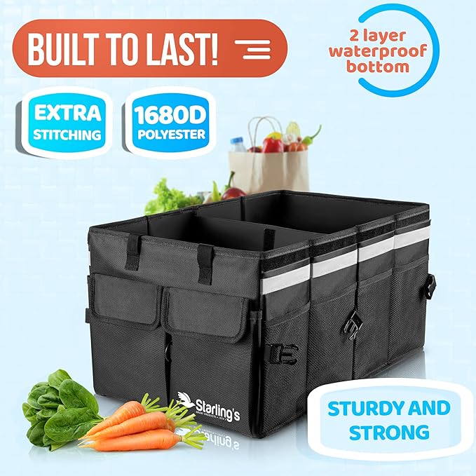 Starling's Car Trunk Organizer Super Strong, Foldable Storage Cargo Box for SUV, Auto, Truck Nonslip Waterproof Bottom, Fits