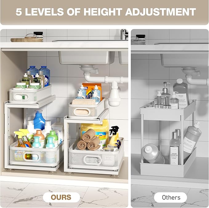 2 Pack Under Sink Organizer With Next-Gen Ball-Bearing Slides,2-Tier Precision Mesh Pull Out Cabinet Drawers Storage for Bath