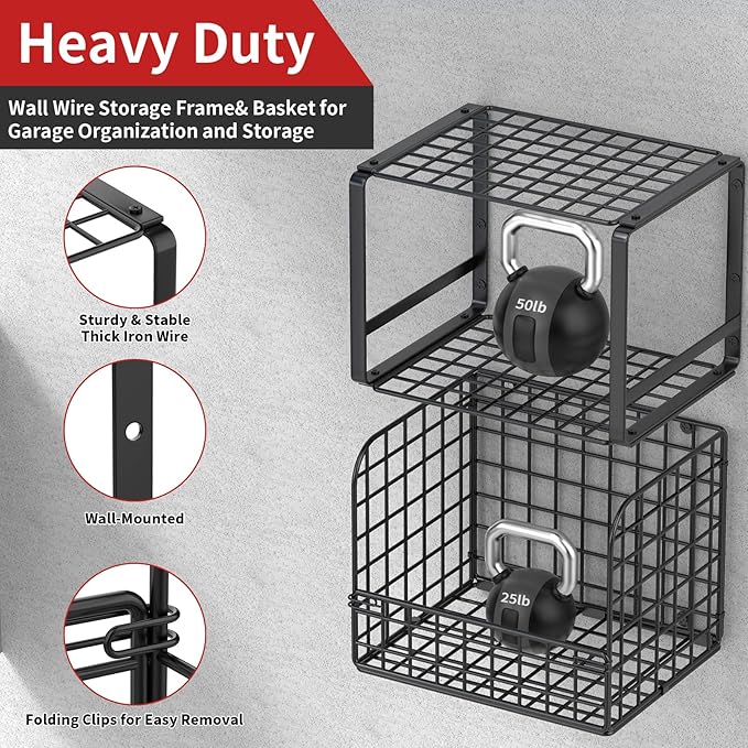 TomCare 2 Pack Garage Shelving Heavy Duty Garage Storage Shelves with Wire Baskets Laundry Room Shelves Wall Mounted shelving