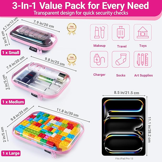 YQBRAO 3 Pack Hard Sided Clear Zipper Case for Storage- Thickened-Grade Clear Hard Shell Zipper Case for Organizing Bead, Han
