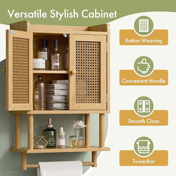 AmazerBath Bathroom Wall Cabinets, Bamboo Medicine Cabinet with Rattan Door, Over The Toilet Storage Cabinet with Towel Bar, 
