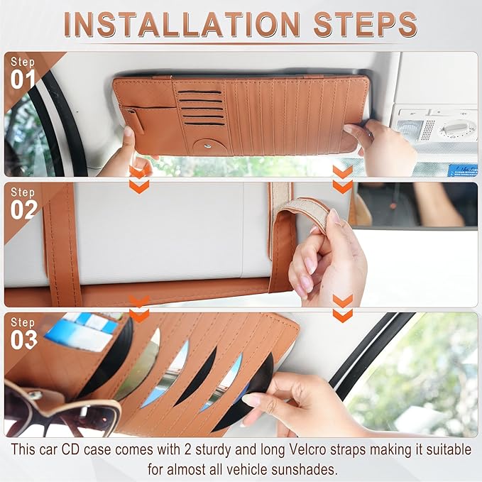 alpmosn Sun Visor CD Case Holder for Car - Multi-Function Visor Organizer with CD/DVD Storage, Eyeglass Clip, Card Slots & Pen Holder, Durable Leather Car Accessories (Orange)