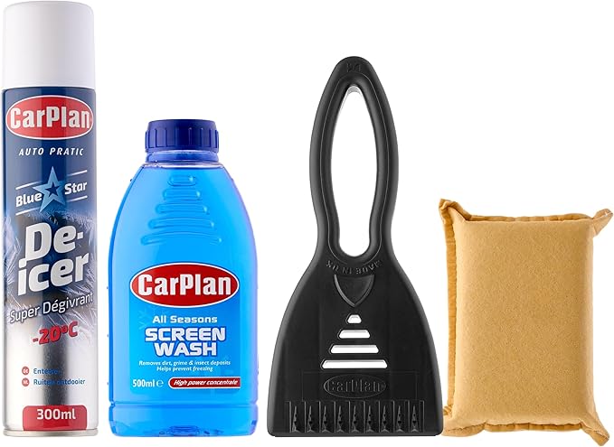 CarPlan Winter Essentials Kit, 4 Piece Set - Ice Scraper, De-Icer Spray, Windshield Washer Fluid & Window Demister Pad