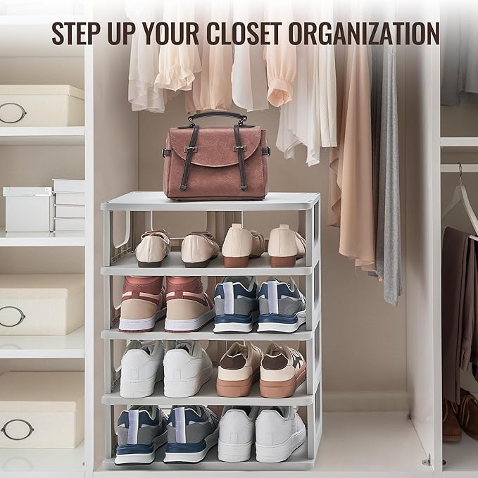 TRZZ 5-Tier Small Shoe Rack, Vertical Narrow Stackable Organizer with Removable Partition, Efficient Shoe Storage for Closet,
