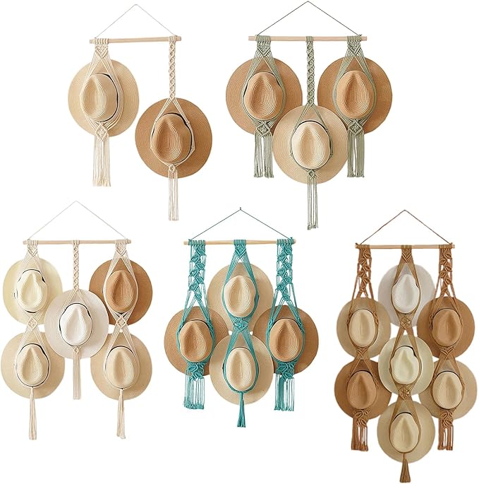 Tissting Macrame Hat Hangers Boho Hat Rack for Wall Hat Holder Display Organizer Bobo Hanging Hat Organizer Storage for Wide 