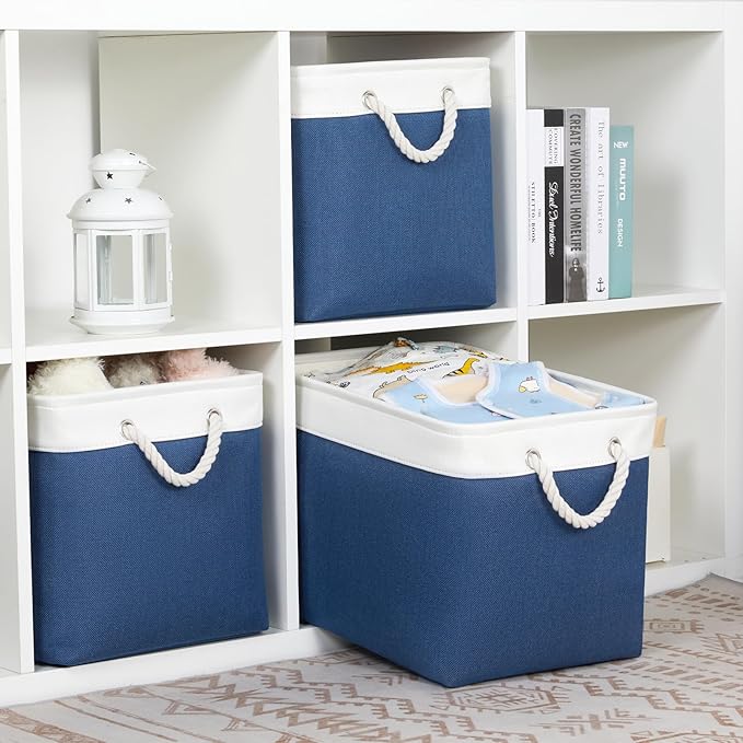 Bidtakay Large Storage Baskets for Shelves 3 Pack Fabric Storage Bins for Organizing Navy Blue Decorative Baskets Linen Colla