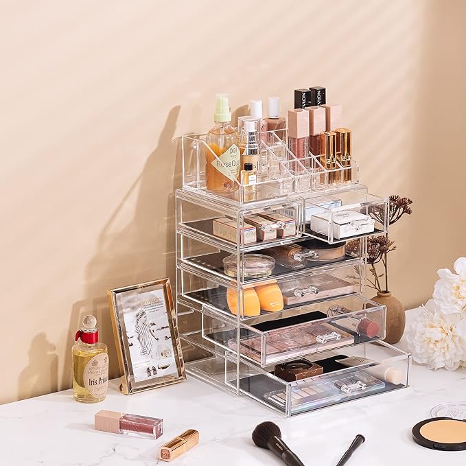 Sorbus Acrylic Makeup Organizer Set, 6-Drawer Vanity & Countertop Cosmetic Storage with Small & Wide Compartments, Clear Make