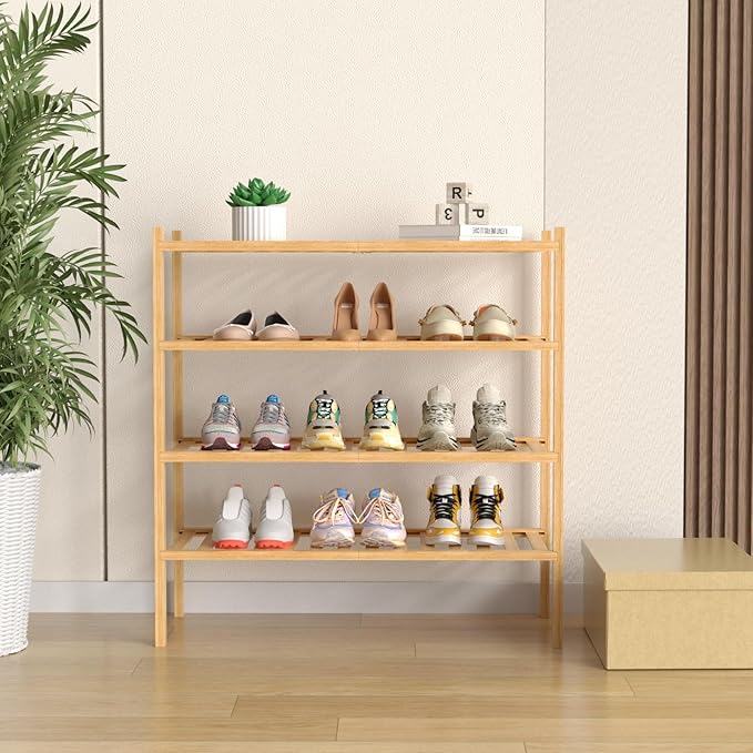 ROMGUAR CRAFT 4 Tier Bamboo Shoe Rack for Closet Free Standing Wood Shoe Shelf for Entryway Small Space Stackable 27"x11"x26"