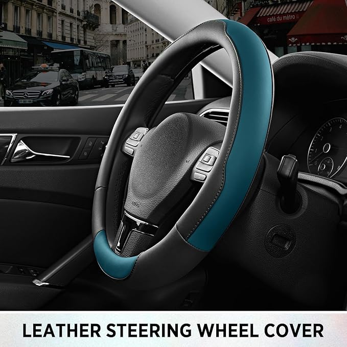 Road Comforts Steering Wheel Cover, Breathable Anti-Slip Leather Steering Wheel Cover, Universal Fit 14.5–15 Inch, Comfortabl