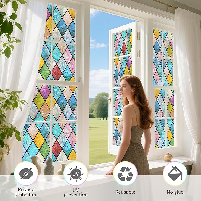 WPCTEV 3D Window Film No Glue Privacy for Glass Sticker Static Cling Heat Control Anti UV Non-Adhesive Decorative Rhombus 29.5 Inch x 6.5 Feet