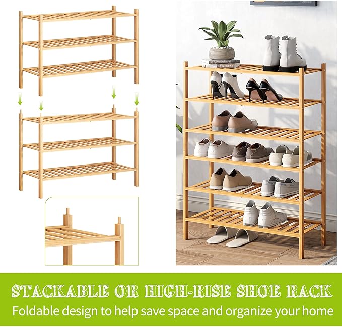 BMOSU 3-Tier Bamboo Shoe Rack Premium Stackable Shoe Shelf Storage Organizer for Hallway Closet Living Room Entryway Organize