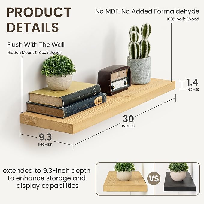 Marsmiles 30 Inch Floating Shelves | 9.3 Inch Deep Natural Wood Wall Shelves Set of 2 | Rustic Reclaimed Wood Shelves for Roo