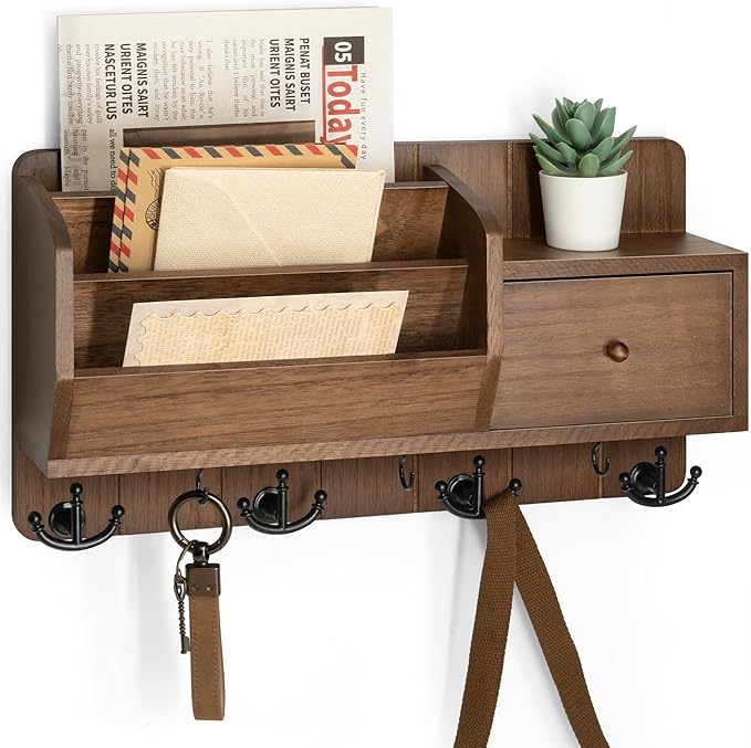 Rebee Vision Key and Mail Holder Wall Mount - Mail Organizer Wall Mount with Storage Hooks and Drawer for Modern Farmhouse De
